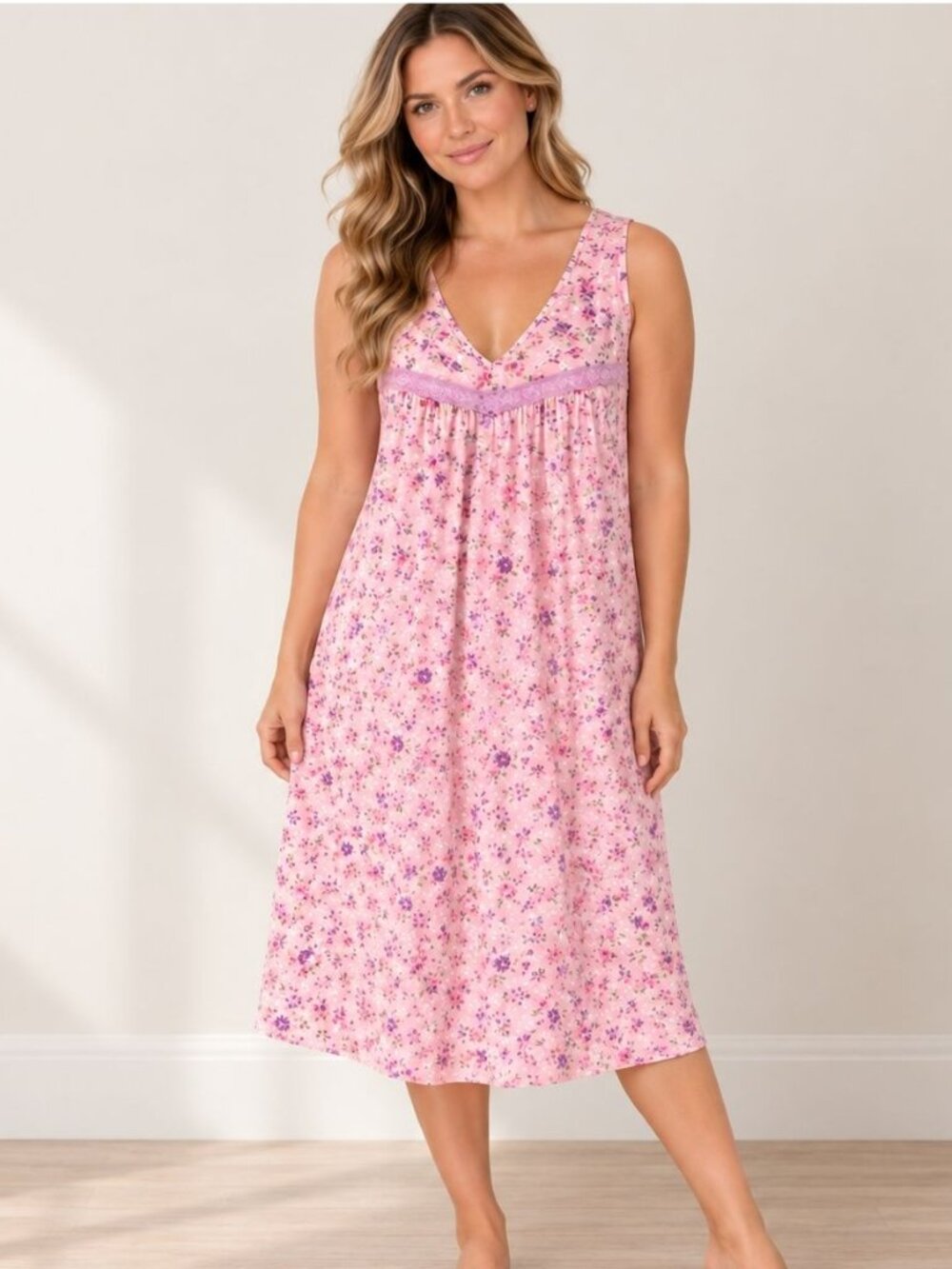 Vintage Vanity Fair Nightgown L Pink Floral Lace V Neck Sleeveless Sleepwear